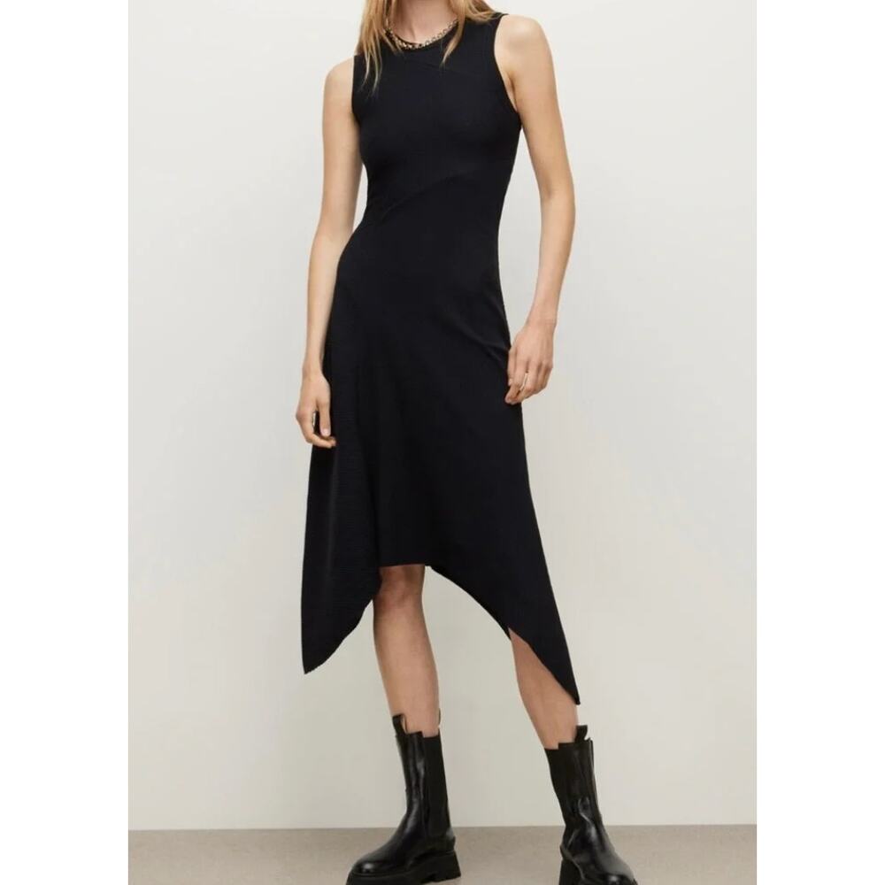 AllSaints Gia Black Asymmetric Midi Dress Ribbed High Low Size 6